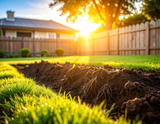 Backyard lawn cross-section with exposed healthy soil and roots, glowing in morning sunlight — symbolising natural soil regeneration in an Australian home garden.