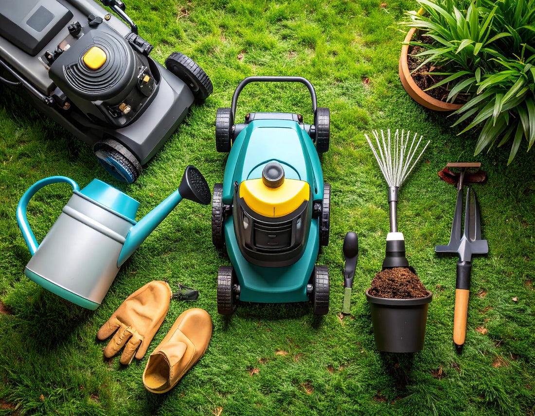 Flat-lay of essential lawn care tools including watering can, mower, gloves, and rakes arranged on backyard grass — representing a practical Australian seasonal care routine.