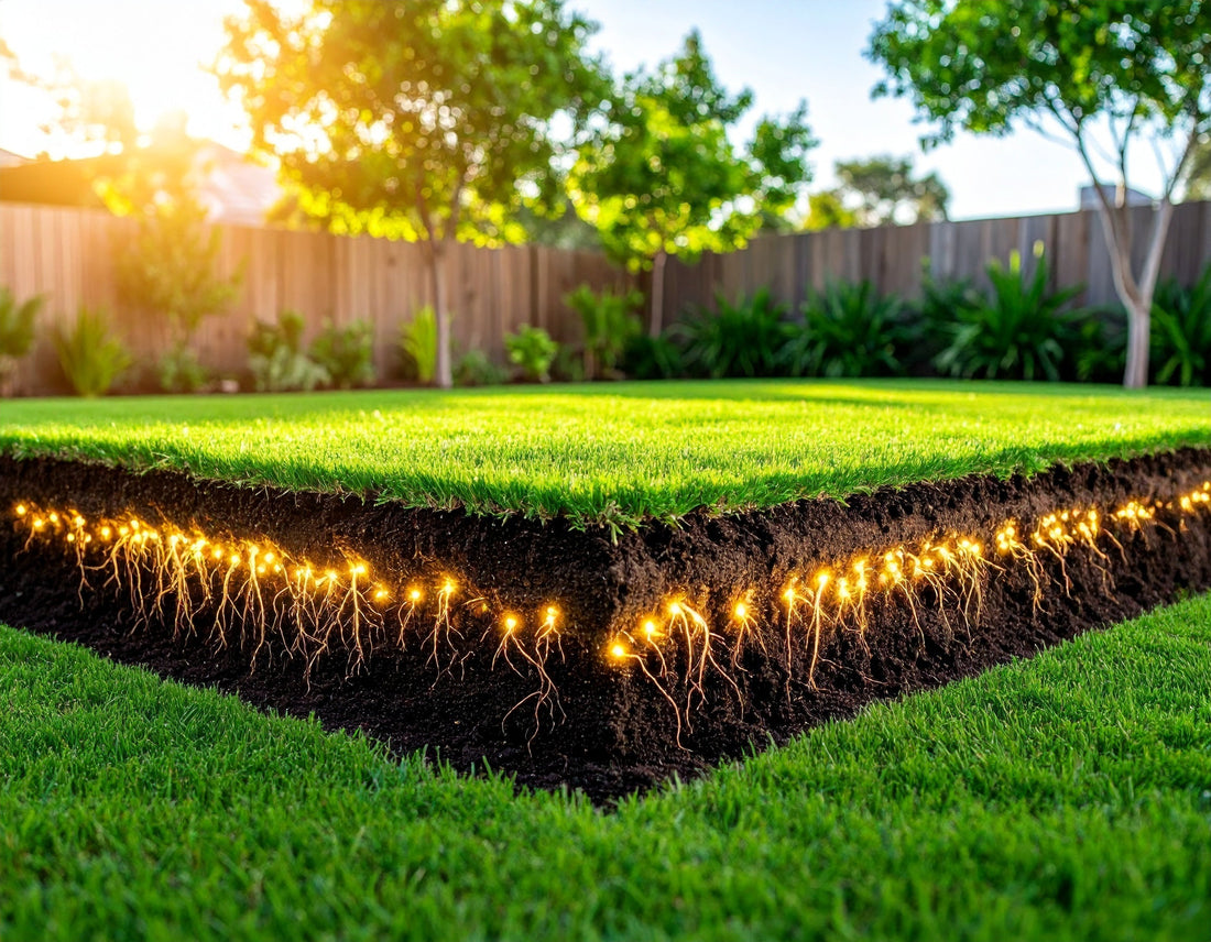 Cross-section of a backyard lawn showing healthy green grass, rich soil, and glowing root systems to represent underground microbial life and active soil biology.